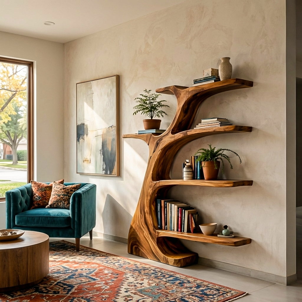 Rustic Wooden Curved Bookshelf Tree Design For Living Room Kitchnce