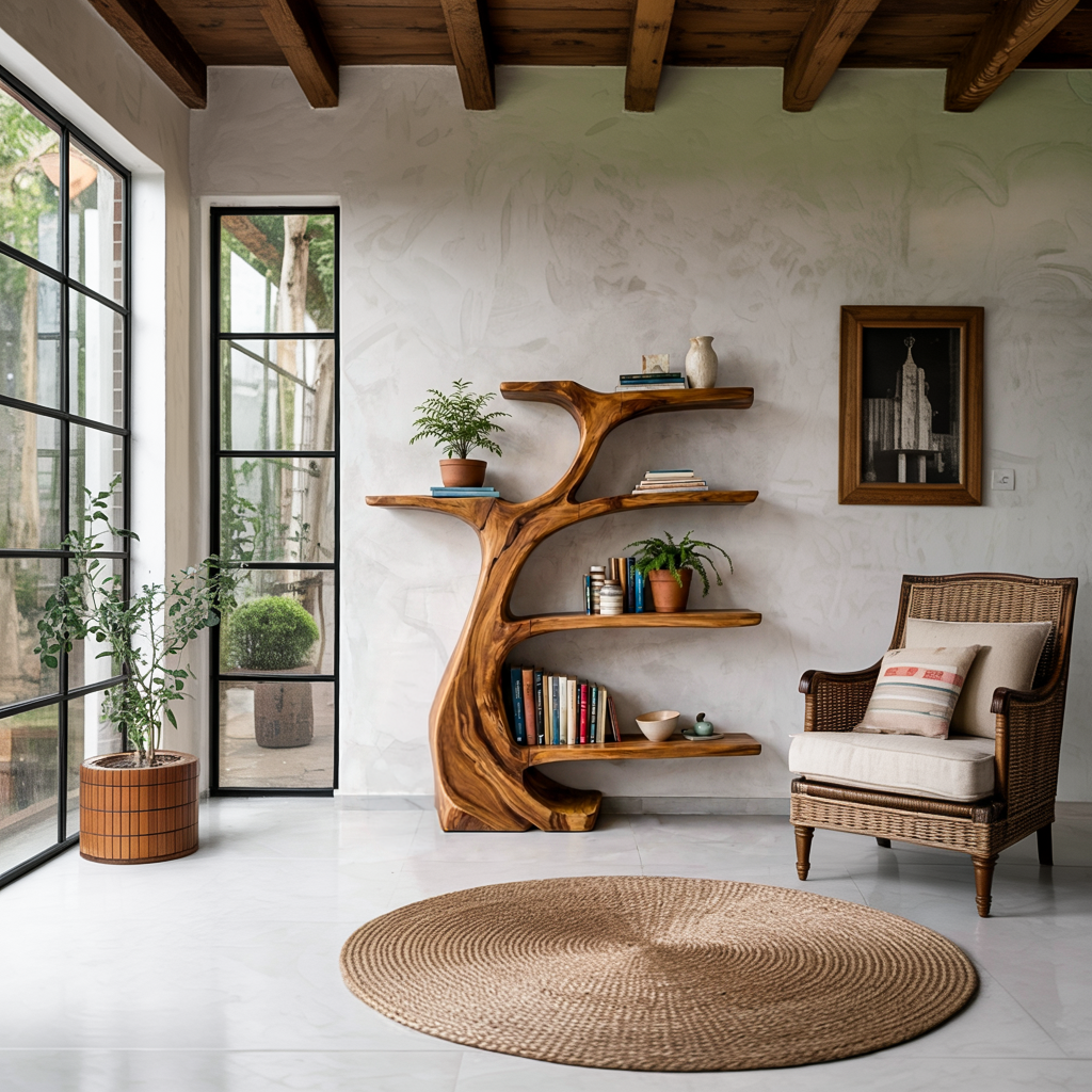 Rustic Wooden Curved Bookshelf Tree Design For Living Room Kitchnce