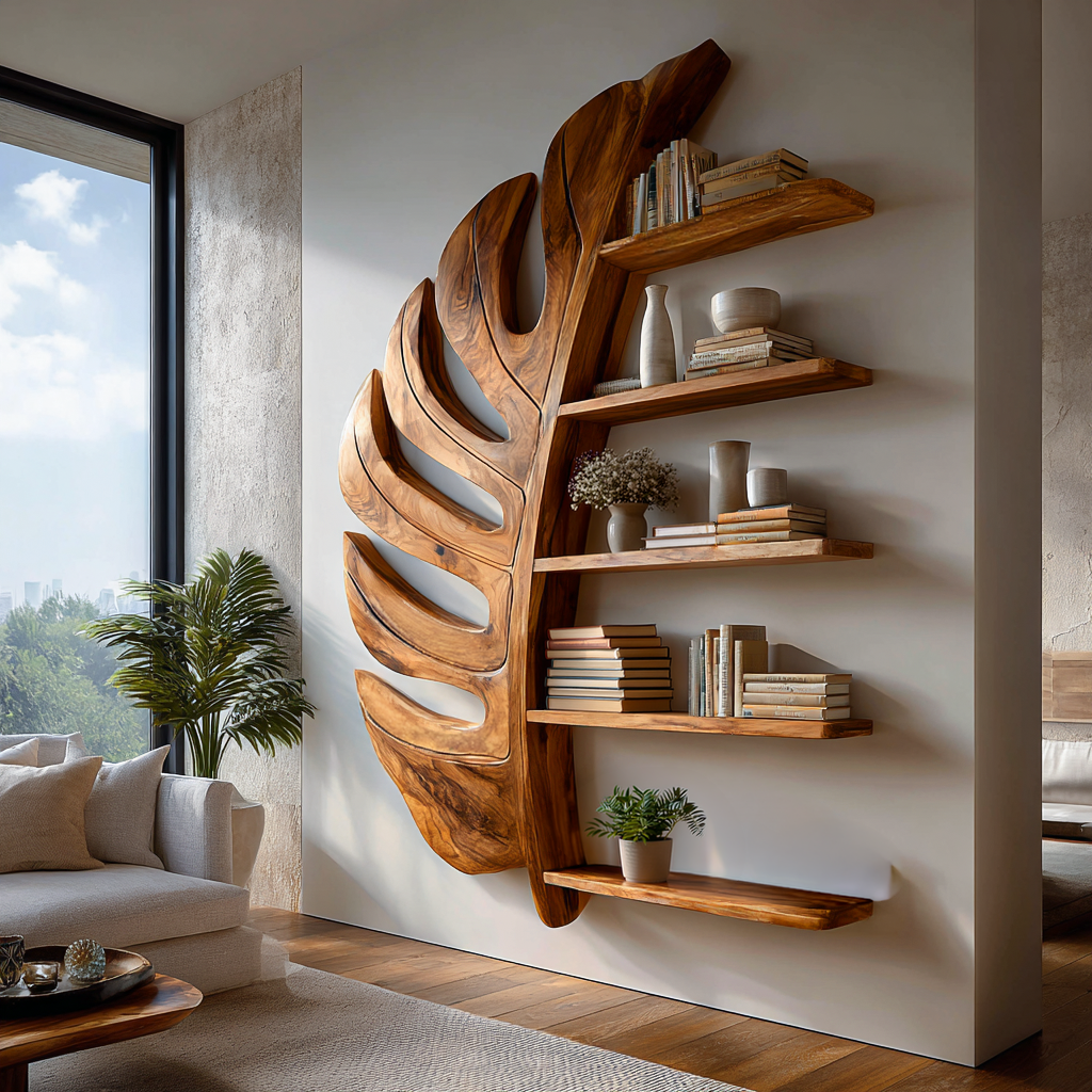 Artistic Wooden Leaf Statement Wall Bookshelf For Elegant Interiors Kitchnce