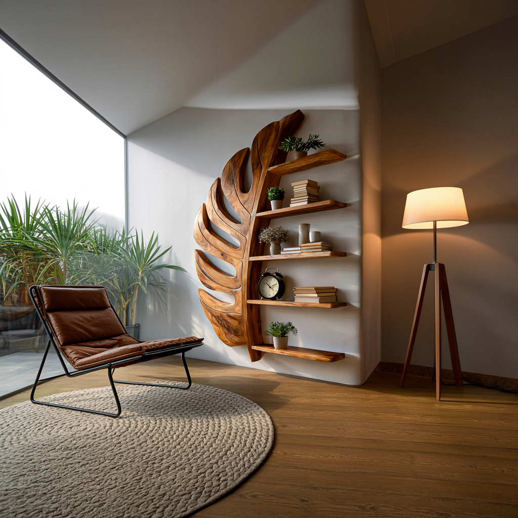 Artistic Wooden Leaf Statement Wall Bookshelf For Elegant Interiors Kitchnce