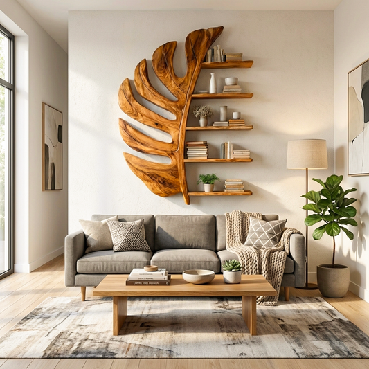 Artistic Wooden Leaf Statement Wall Bookshelf For Elegant Interiors Kitchnce