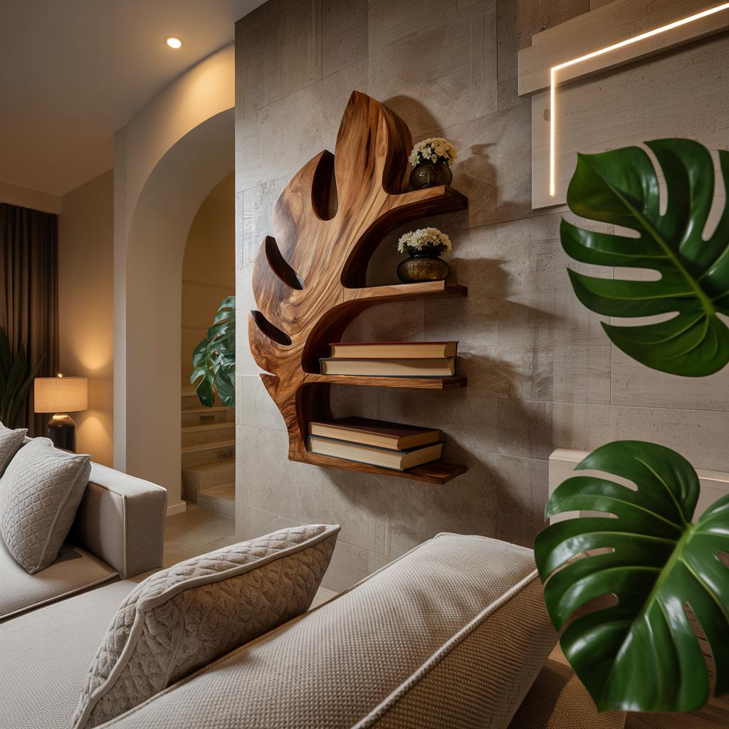 Wood Tropical Botanical Floating Bookshelf For Living Room Accent Wall Kitchnce