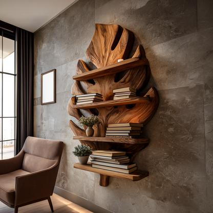 Wooden Tropical Leaf Wall Bookshelf For Living Room Kitchnce