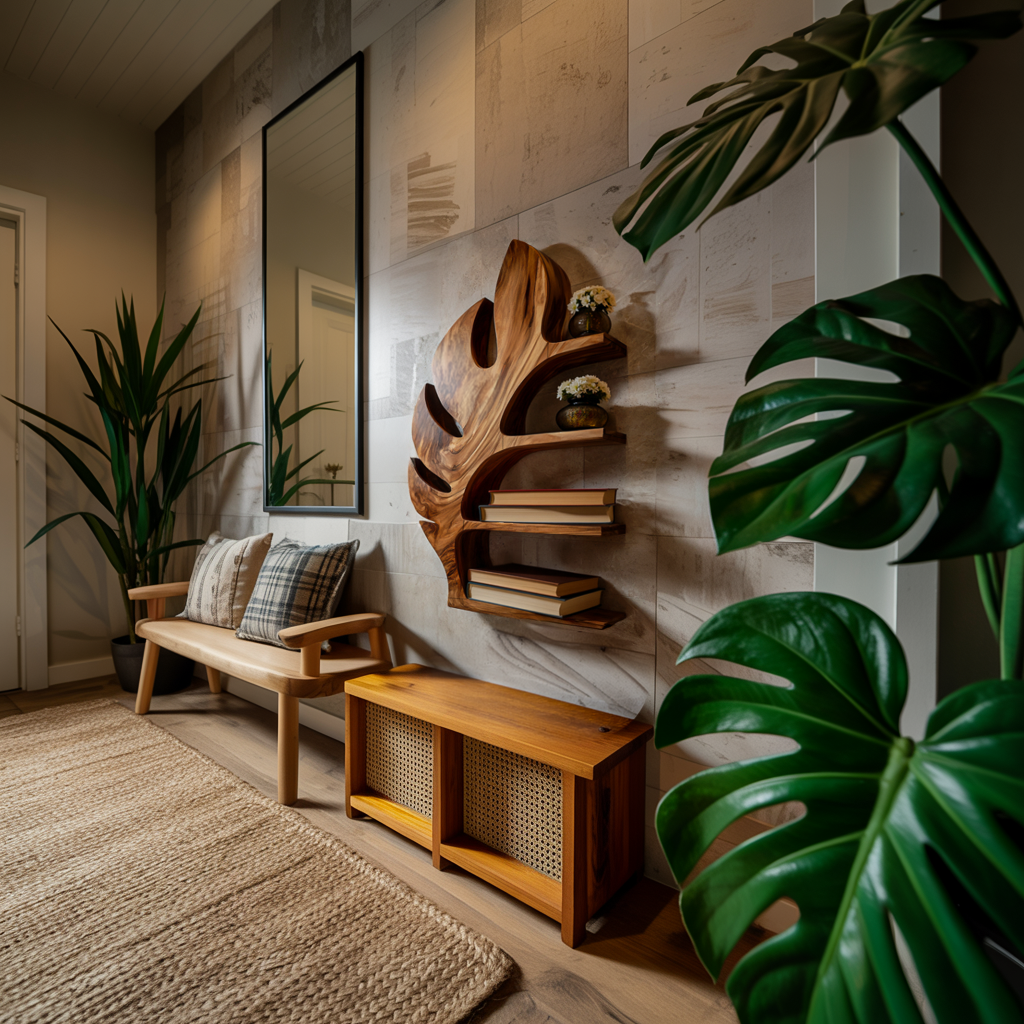 Wood Tropical Botanical Floating Bookshelf For Living Room Accent Wall Kitchnce