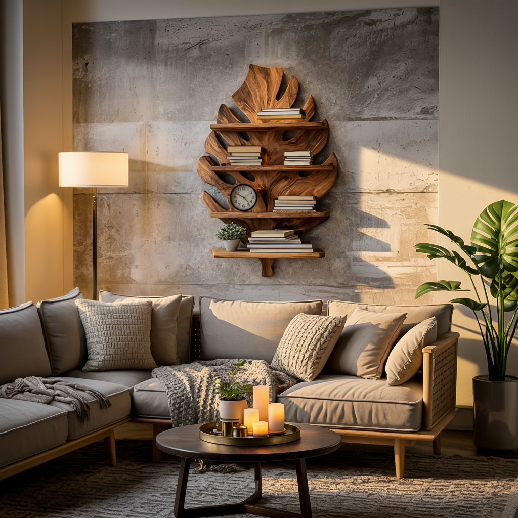 Wooden Tropical Leaf Wall Bookshelf For Living Room Kitchnce
