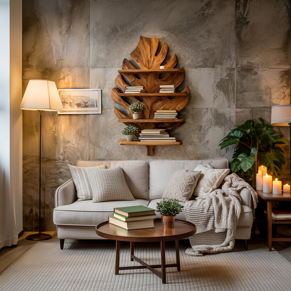 Wooden Tropical Leaf Wall Bookshelf For Living Room Kitchnce