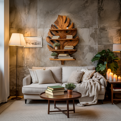 Wooden Tropical Leaf Wall Bookshelf For Living Room Kitchnce
