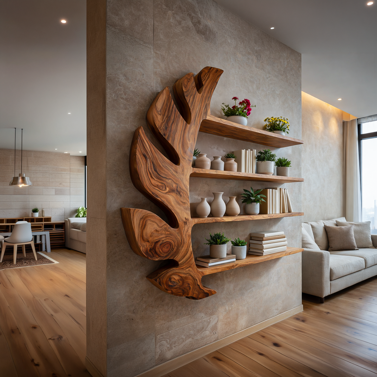 Organic Wooden Leaf Floating Bookshelf For Modern Home Kitchnce