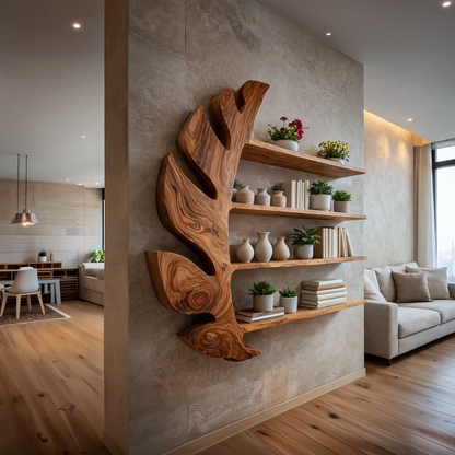 Organic Wooden Leaf Floating Bookshelf For Modern Home Kitchnce