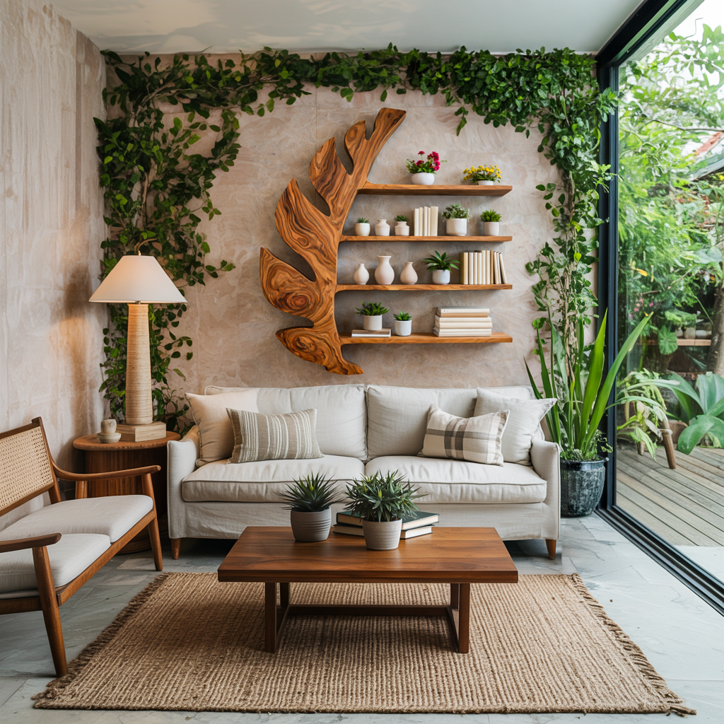 Organic Wooden Leaf Floating Bookshelf For Modern Home Kitchnce