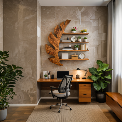 Organic Wooden Leaf Floating Bookshelf For Modern Home Kitchnce