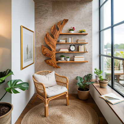 Organic Wooden Leaf Floating Bookshelf For Modern Home Kitchnce