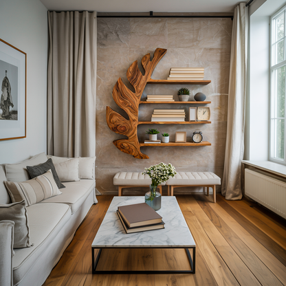 Organic Wooden Leaf Floating Bookshelf For Modern Home Kitchnce