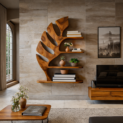 Organic Wooden Leaf Bookshelf For Books Plants And Decorative Objects Kitchnce