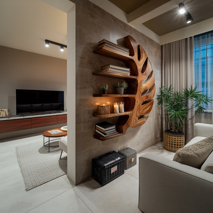 Sculptural Wood Monstera Leaf Bookshelf For Contemporary Interior Kitchnce