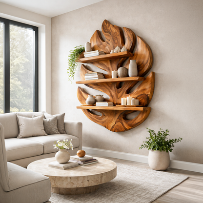 Monstera Leaf Wooden Bookshelf for Living Wall Decor Kitchnce
