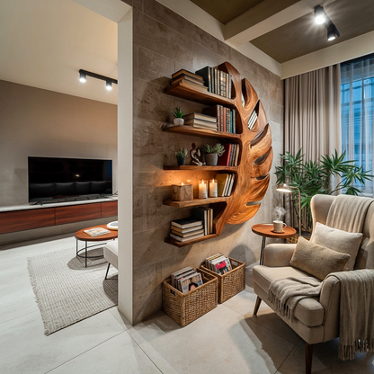Sculptural Wood Monstera Leaf Bookshelf For Contemporary Interior Kitchnce