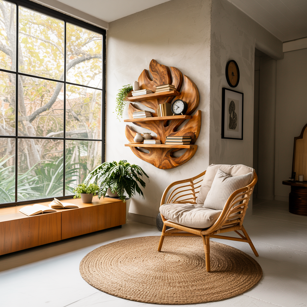Monstera Leaf Wooden Bookshelf for Living Wall Decor Kitchnce