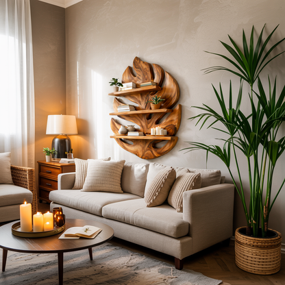 Monstera Leaf Wooden Bookshelf for Living Wall Decor Kitchnce