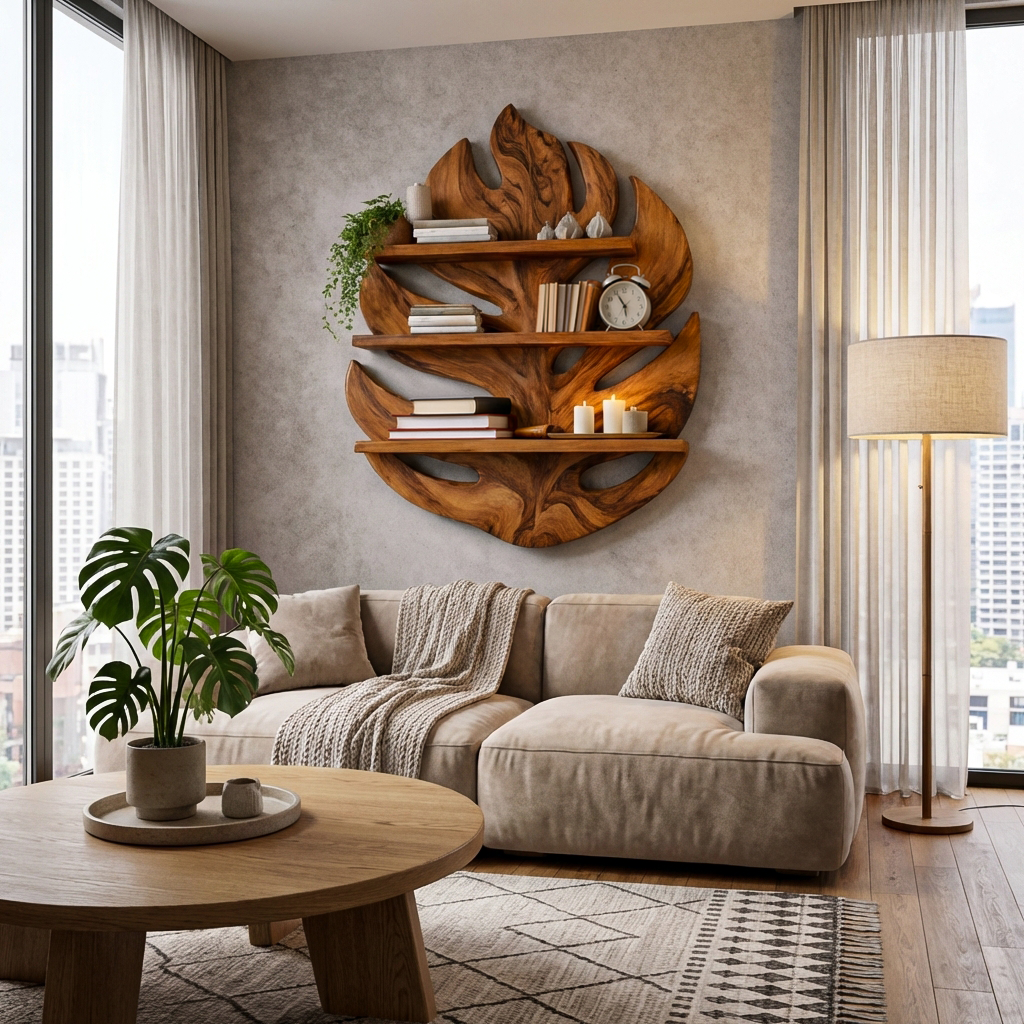 Monstera Leaf Wooden Bookshelf for Living Wall Decor Kitchnce