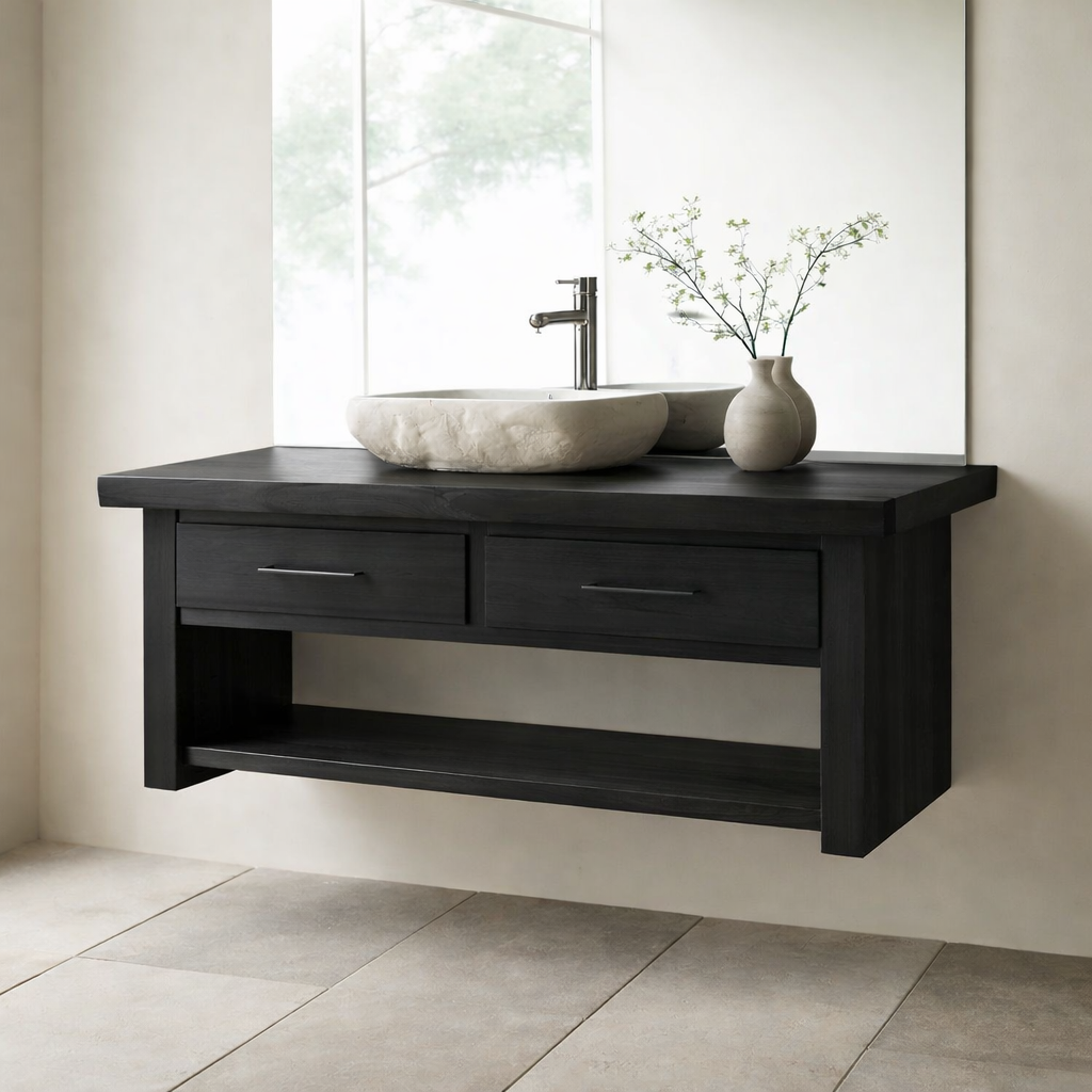 Floating Solid Wood Bathroom Vanity with Storage Shelf Kitchnce