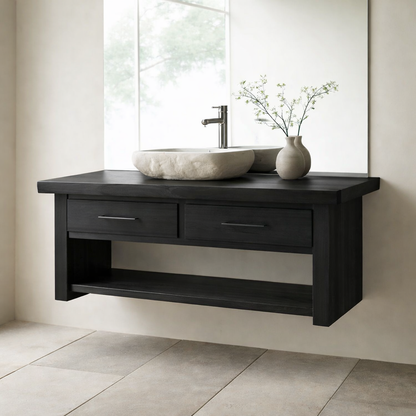 Floating Solid Wood Bathroom Vanity with Storage Shelf Kitchnce