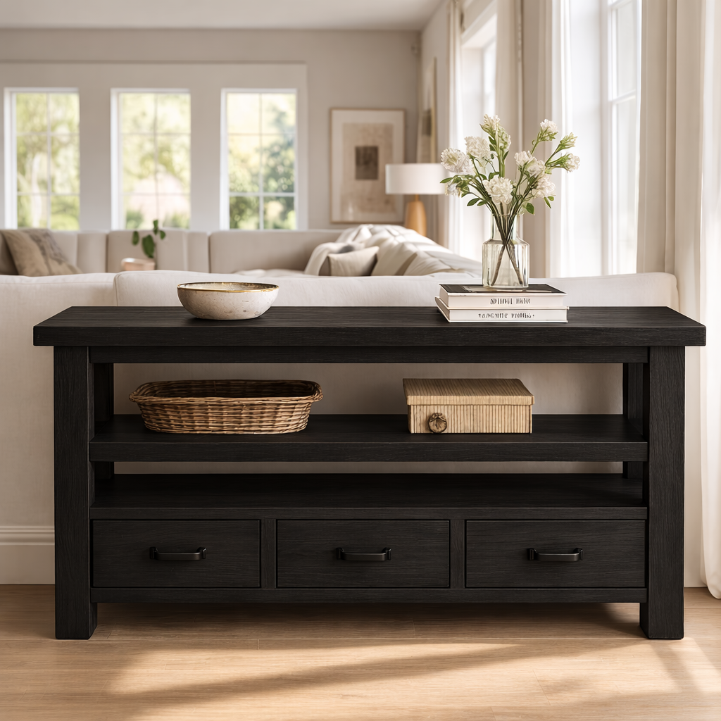 Solid Wood Console Table with Drawers and Open Shelf Kitchnce