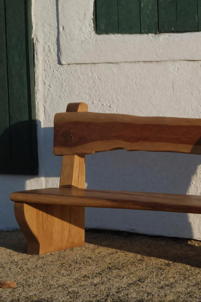 Rustic Organic Bench With Sculptural Armrest For Garden Or Entryway Kitchnce