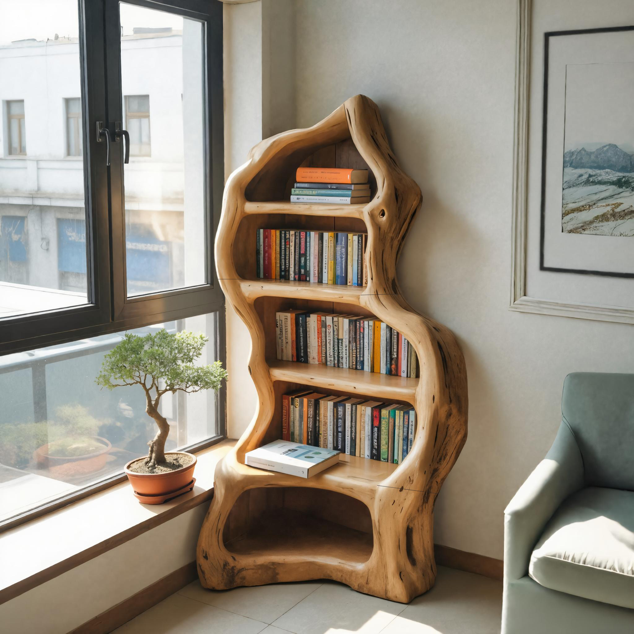Organic Live Edge Bookshelf For Rustic Living Room Or Office Kitchnce