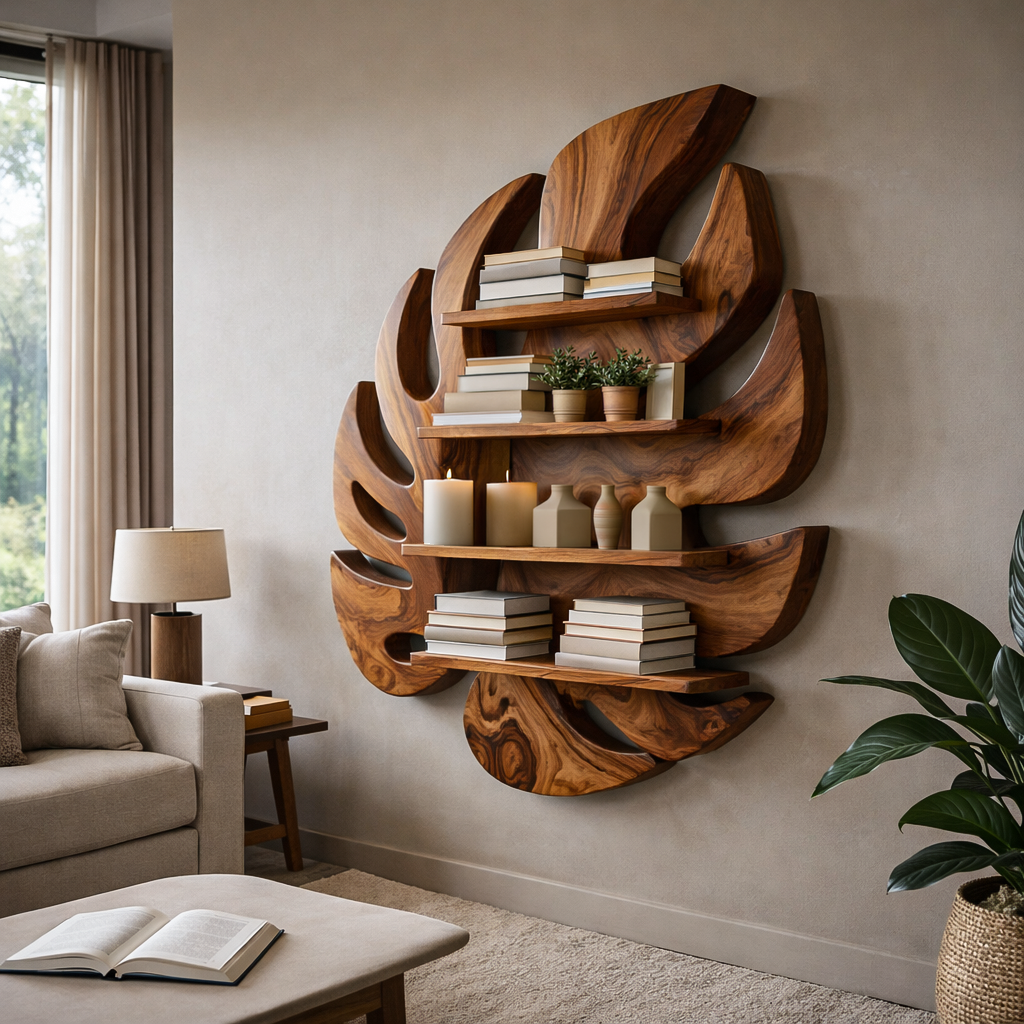 Modern Wooden Leaf Floating Bookshelf For Living Room Kitchnce