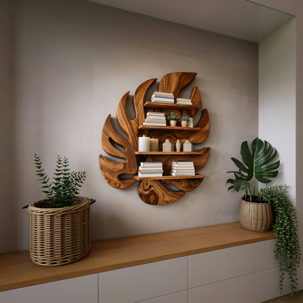 Modern Wooden Leaf Floating Bookshelf For Living Room Kitchnce