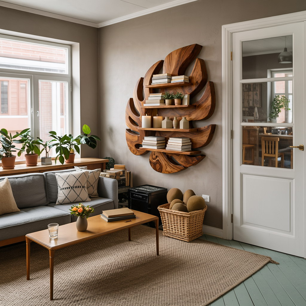 Modern Wooden Leaf Floating Bookshelf For Living Room Kitchnce