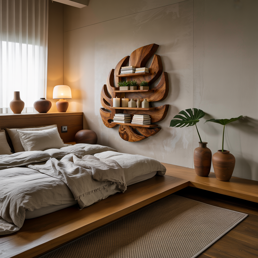 Modern Wooden Leaf Floating Bookshelf For Living Room Kitchnce