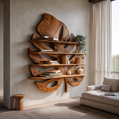 Artistic Wooden Tropical Leaf Wall Mounted Bookshelf For Home Decor Kitchnce
