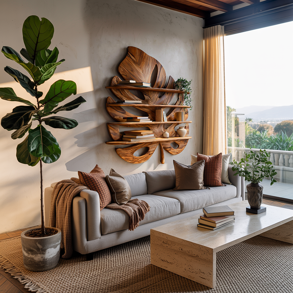 Artistic Wooden Tropical Leaf Wall Mounted Bookshelf For Home Decor Kitchnce