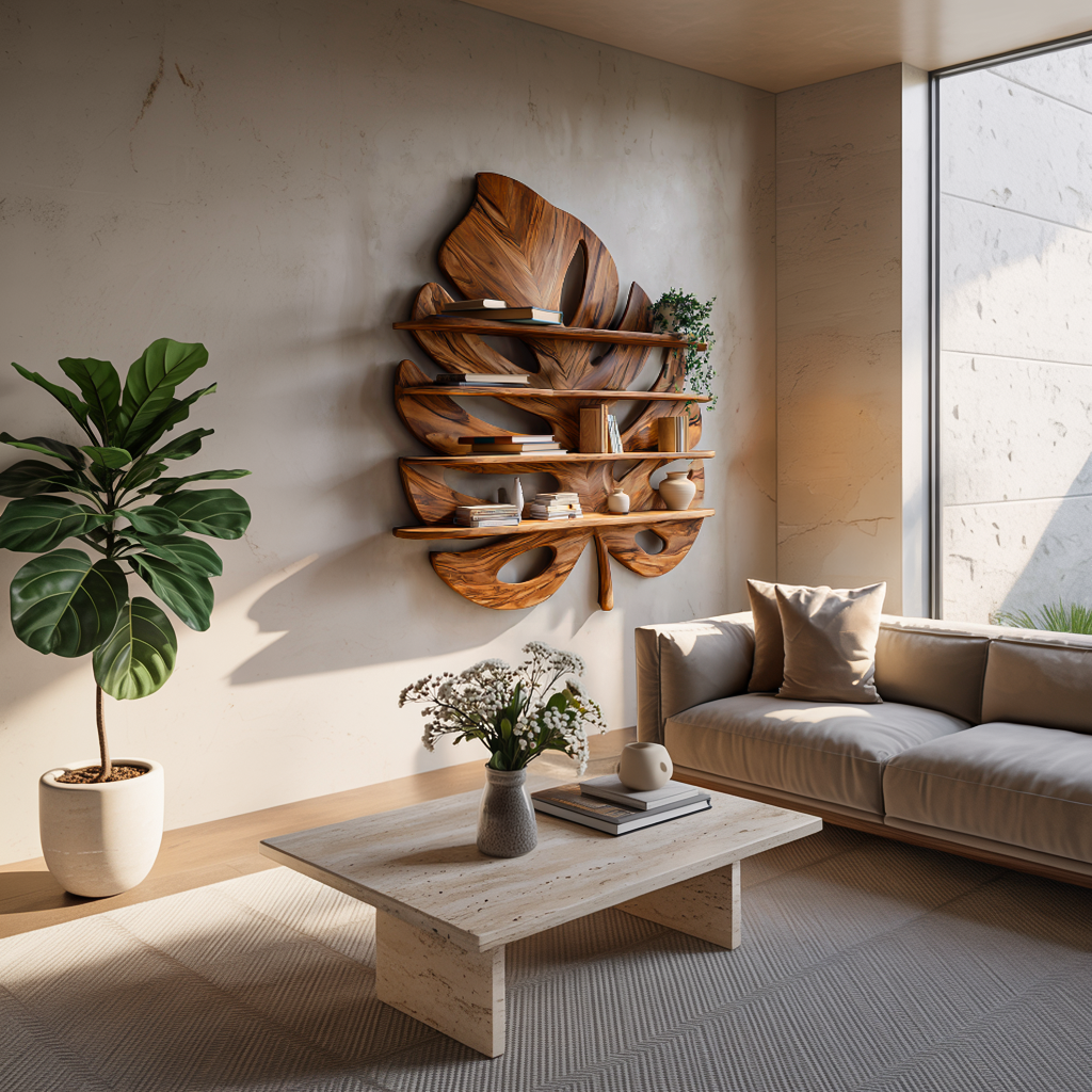 Artistic Wooden Tropical Leaf Wall Mounted Bookshelf For Home Decor Kitchnce