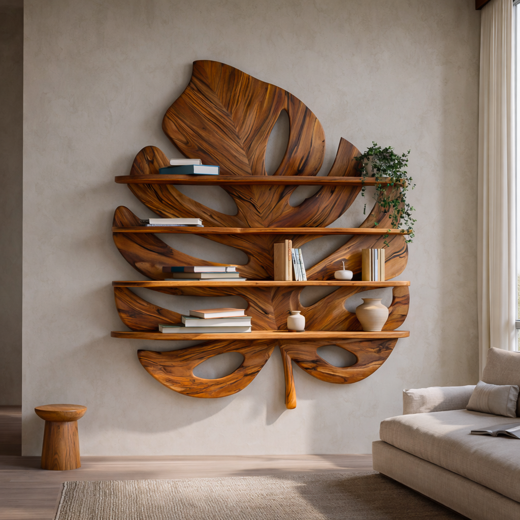 Artistic Wooden Tropical Leaf Wall Mounted Bookshelf For Home Decor Kitchnce