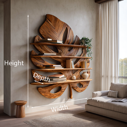 Artistic Wooden Tropical Leaf Wall Mounted Bookshelf For Home Decor Kitchnce