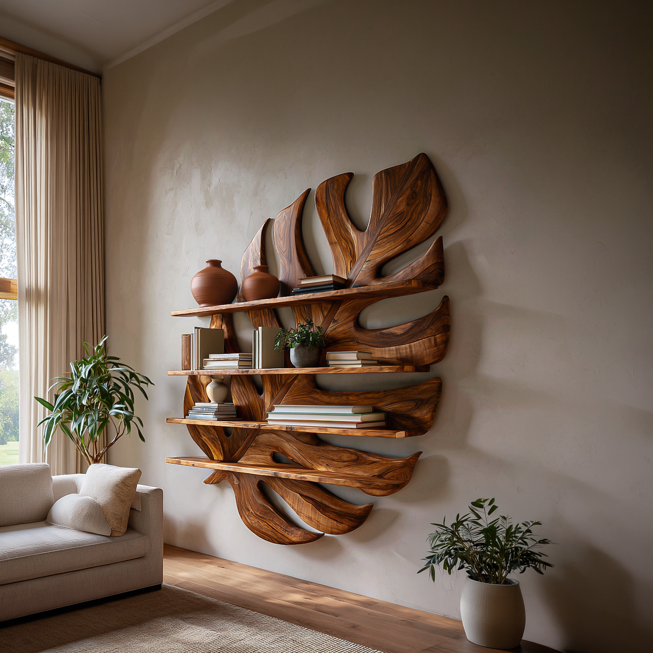 Large Wooden Tropical Leaf Bookshelf For Living Room Kitchnce