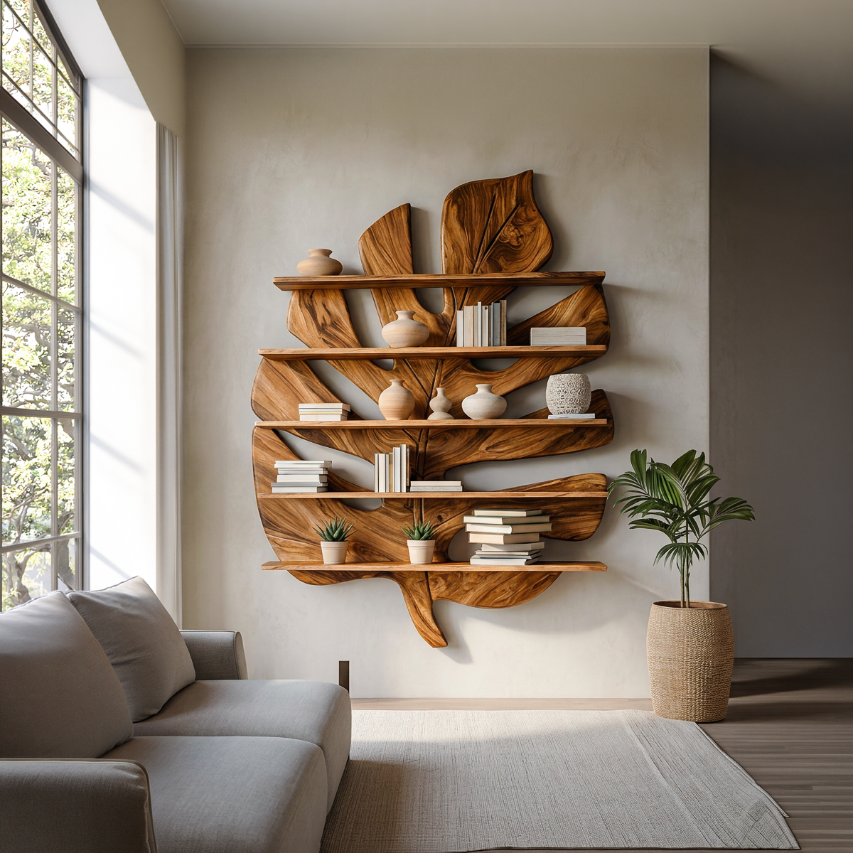 Contemporary Wooden Leaf Bookshelf For Living Room Design Kitchnce