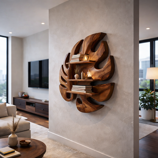 Wooden Leaf Inspired Wall Mounted Bookshelf For Living Decor Kitchnce