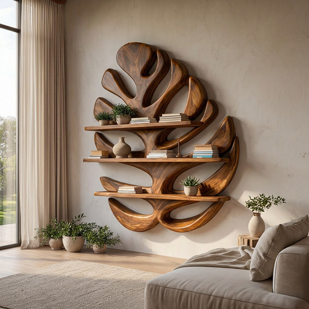 Wood Monstera Leaf Bookshelf for Modern Minimalist Home Kitchnce