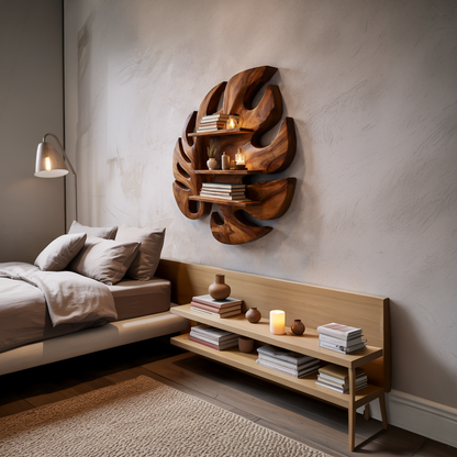 Wooden Leaf Inspired Wall Mounted Bookshelf For Living Decor Kitchnce