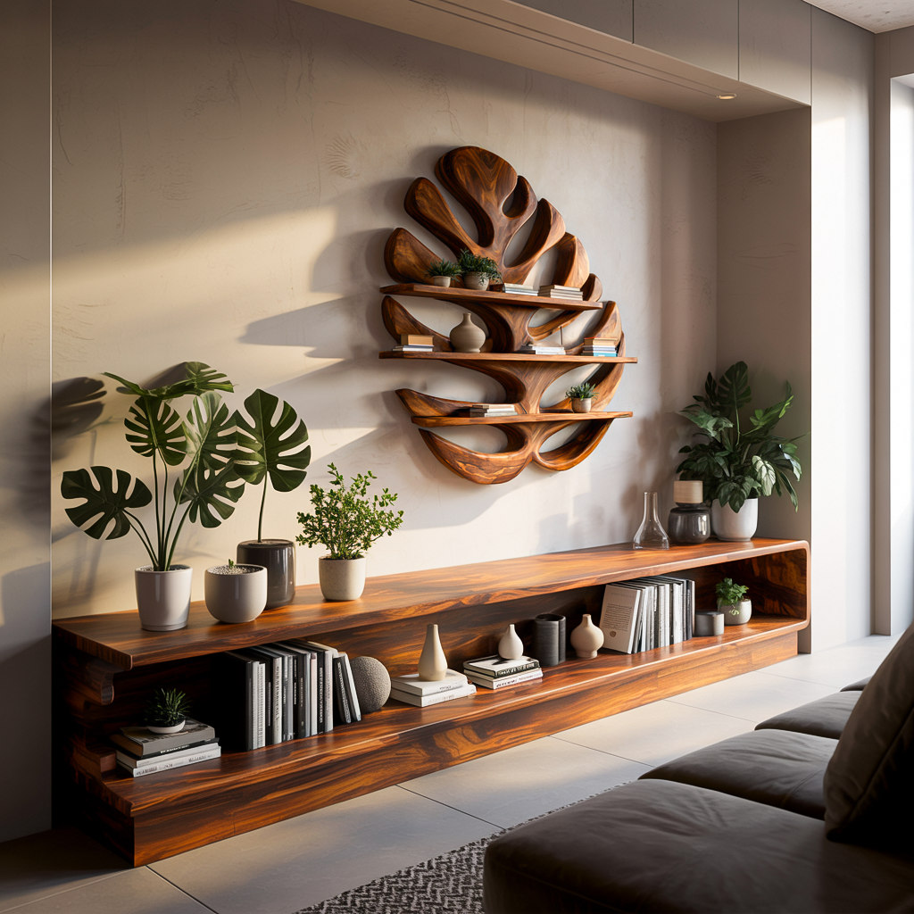 Wood Monstera Leaf Bookshelf for Modern Minimalist Home Kitchnce