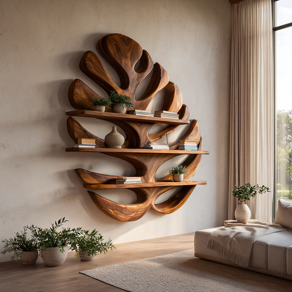 Wood Monstera Leaf Bookshelf for Modern Minimalist Home Kitchnce