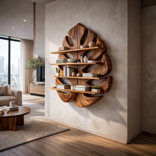 Wooden Leaf Bookshelf for Living Room Plant and Book Display Kitchnce