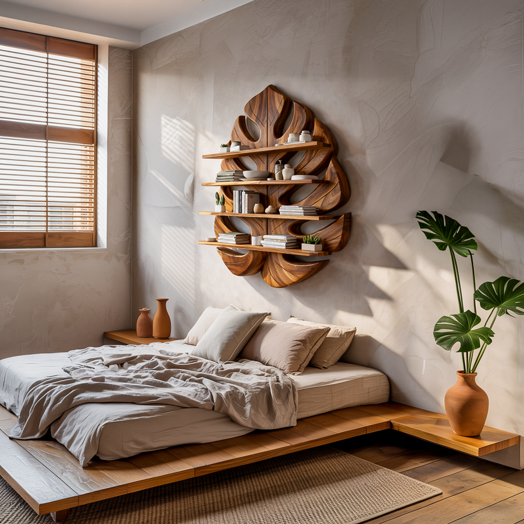 Wooden Leaf Bookshelf for Living Room Plant and Book Display Kitchnce