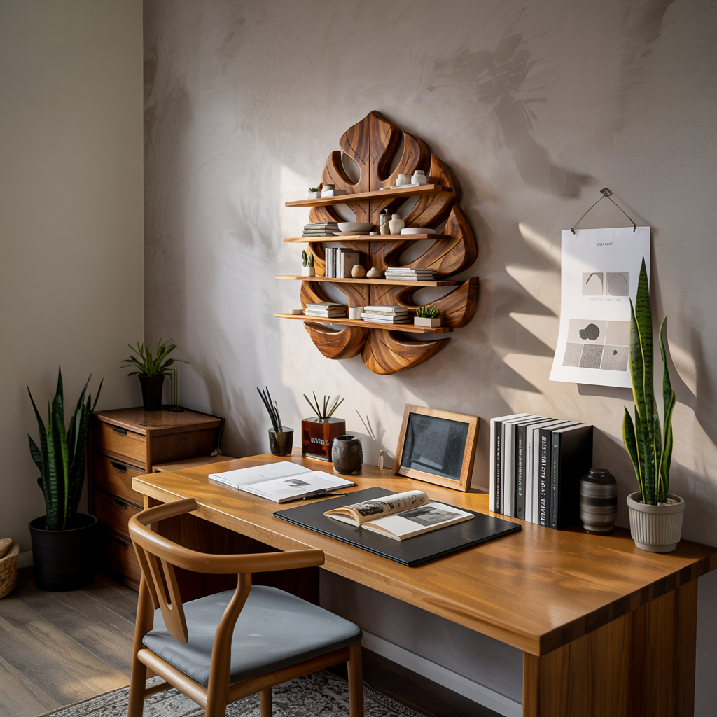 Wooden Leaf Bookshelf for Living Room Plant and Book Display Kitchnce
