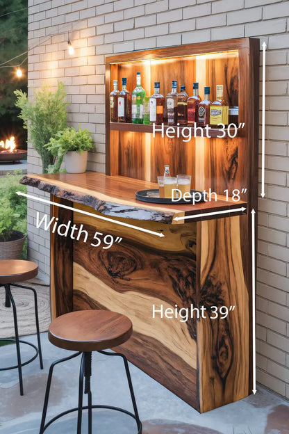 Rustic Live Edge Outdoor Bar Counter With Shelves For Patio Kitchnce