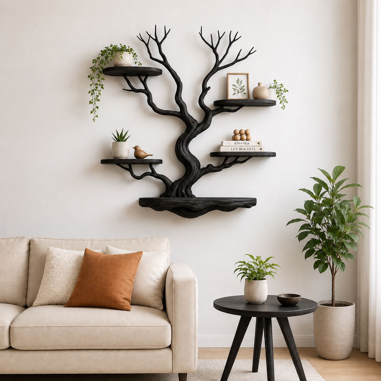 Handcrafted Solid Wood Tree Wall Shelf with Floating Display Shelves
